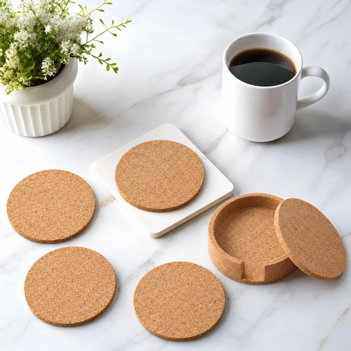 Cork Coasters with Cork Holder, Set of 4, in a styled scene