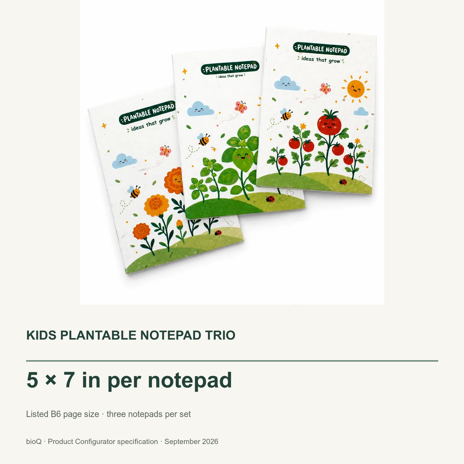 Kids Plantable Notepad Trio size card showing five by seven inches per notepad