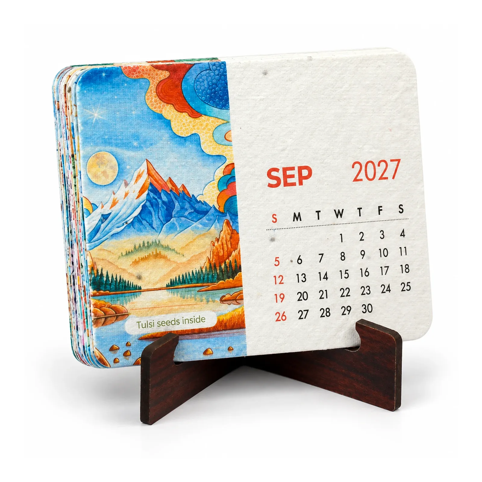 Classic B7 plantable calendar showing September 2027 on a DIY MDF stand