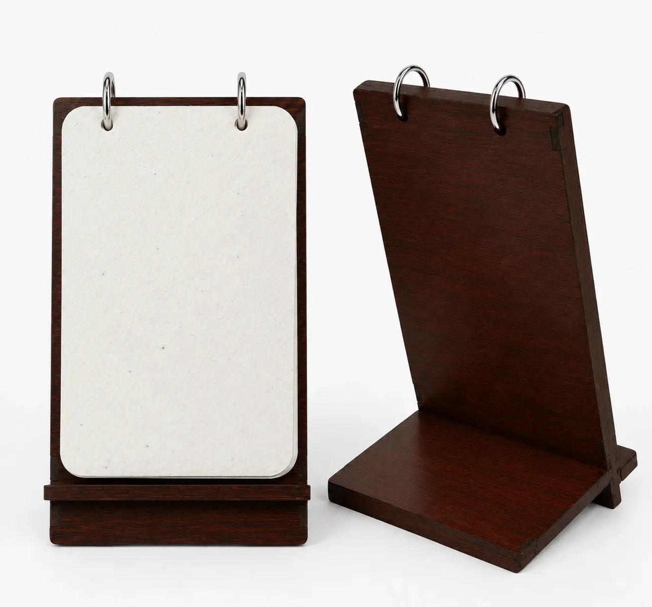 Unprinted B6 ring-bound calendar sample showing the two metal rings and both sides of the MDF stand