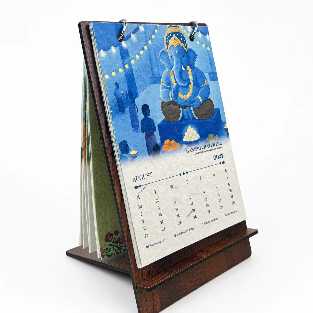 B6 plantable calendar with an August 2027 seed-paper card held by two rings on a dark MDF stand