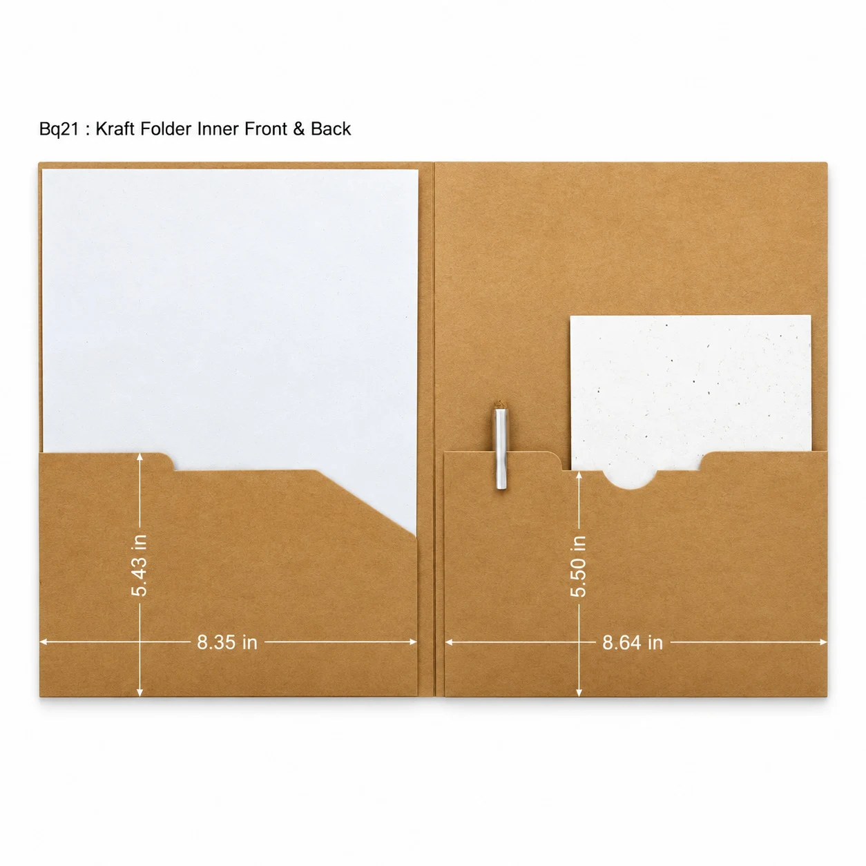 Dimension drawing headed Bq21 kraft folder inner front and back, showing the front pocket at 8.35 by 5.43 inches and the back pocket at 8.64 by 5.50 inches, with a pen loop on the back pocket and white sheets tucked into both