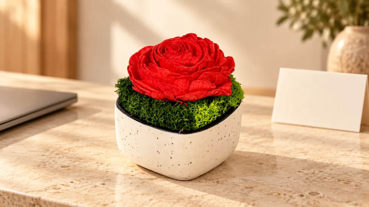 Ceramic Forest Rose Pod on a welcome desk beside a laptop and a blank card
