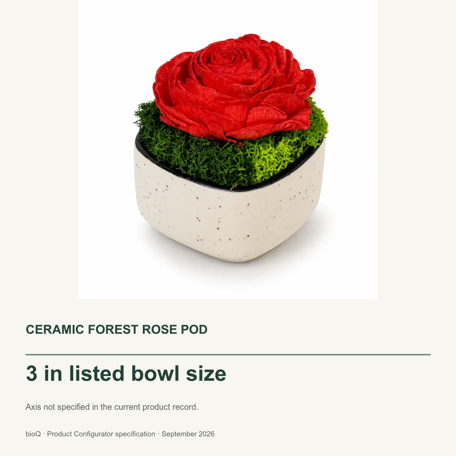 Ceramic Forest Rose Pod size card with three-inch listed bowl size and product photograph