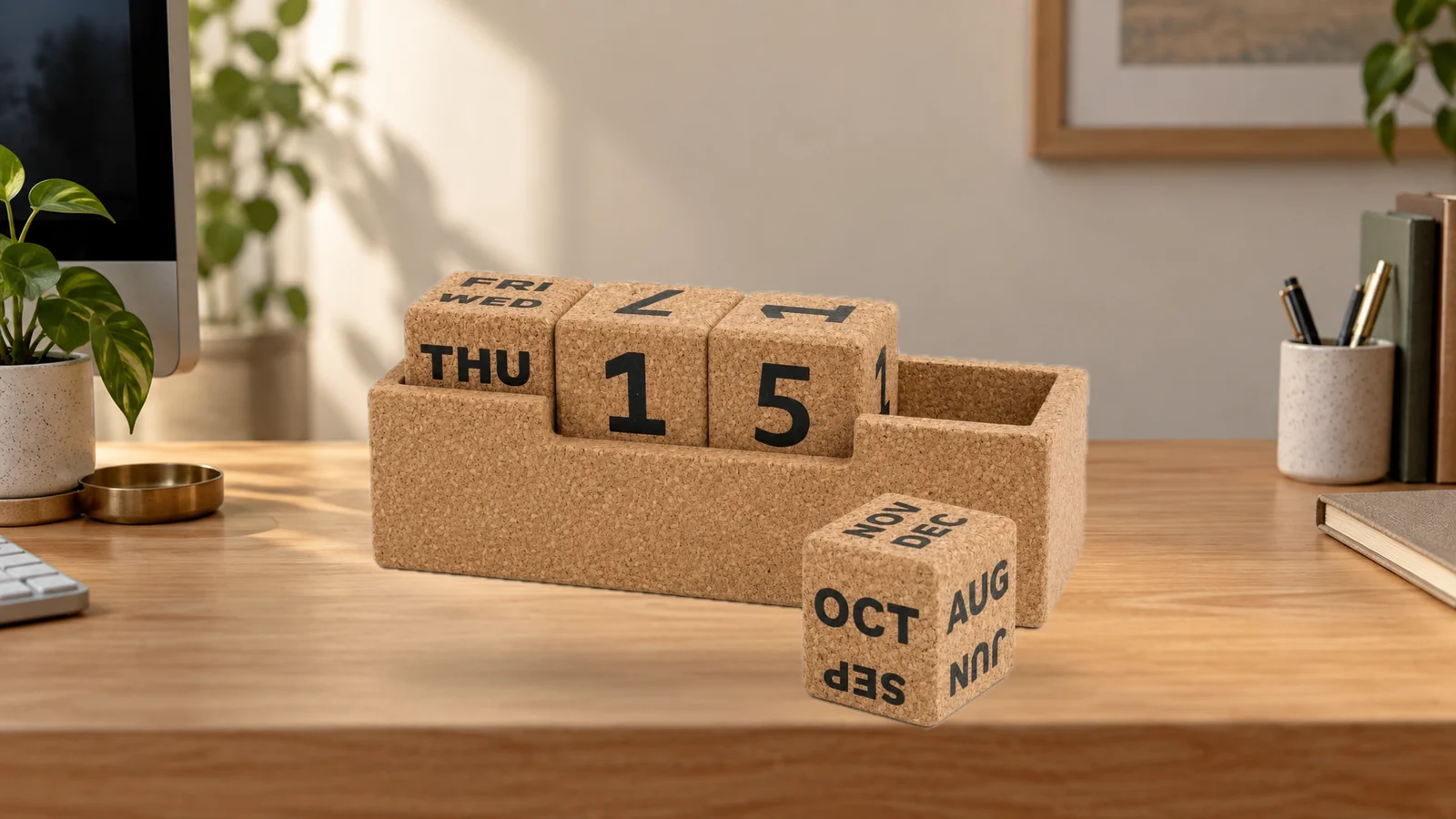 Slim cork block calendar with date and month cubes on a work desk