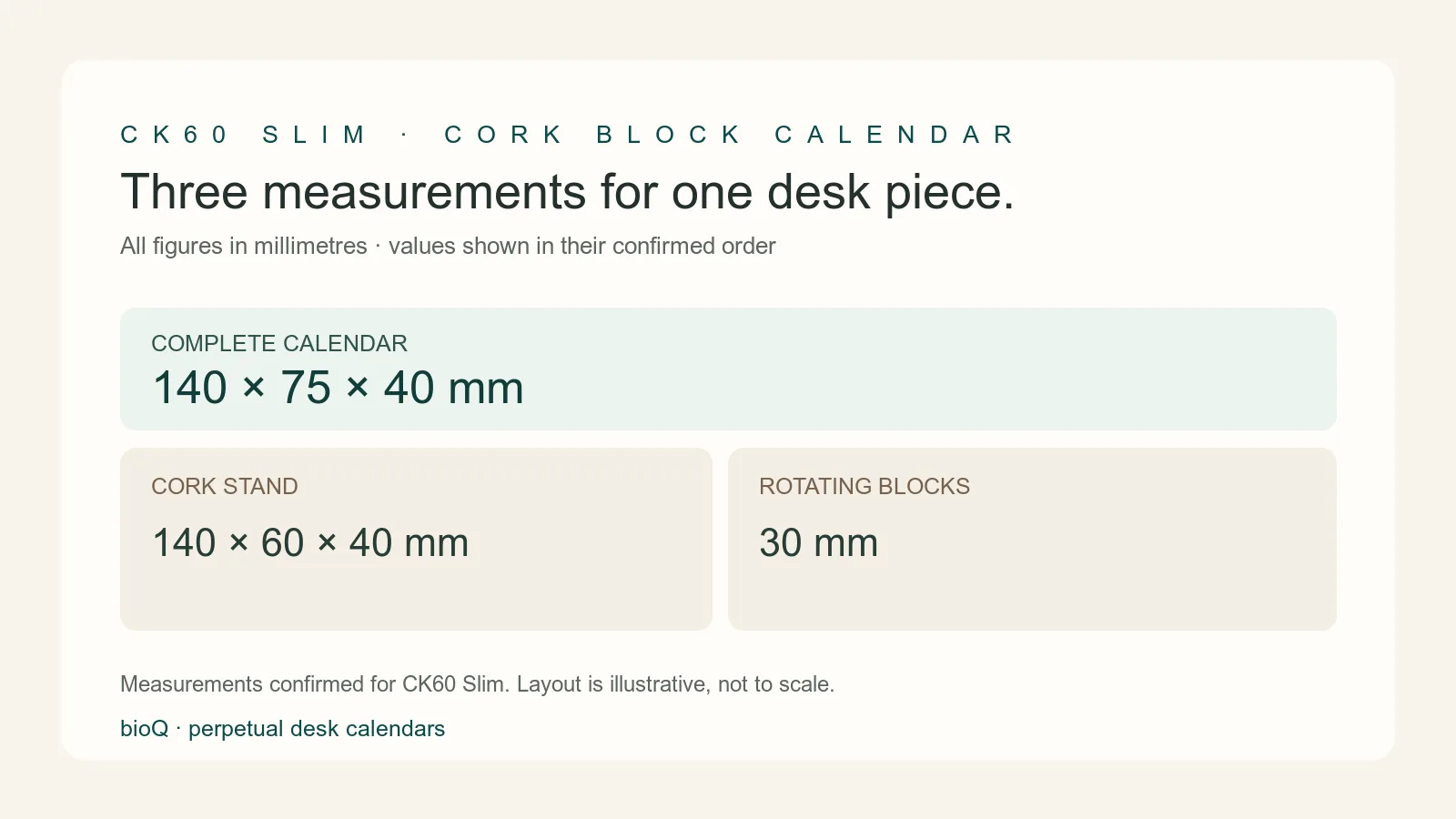 CK60 Slim cork calendar measurements: overall 140 by 75 by 40 mm, stand 140 by 60 by 40 mm, rotating blocks 30 mm