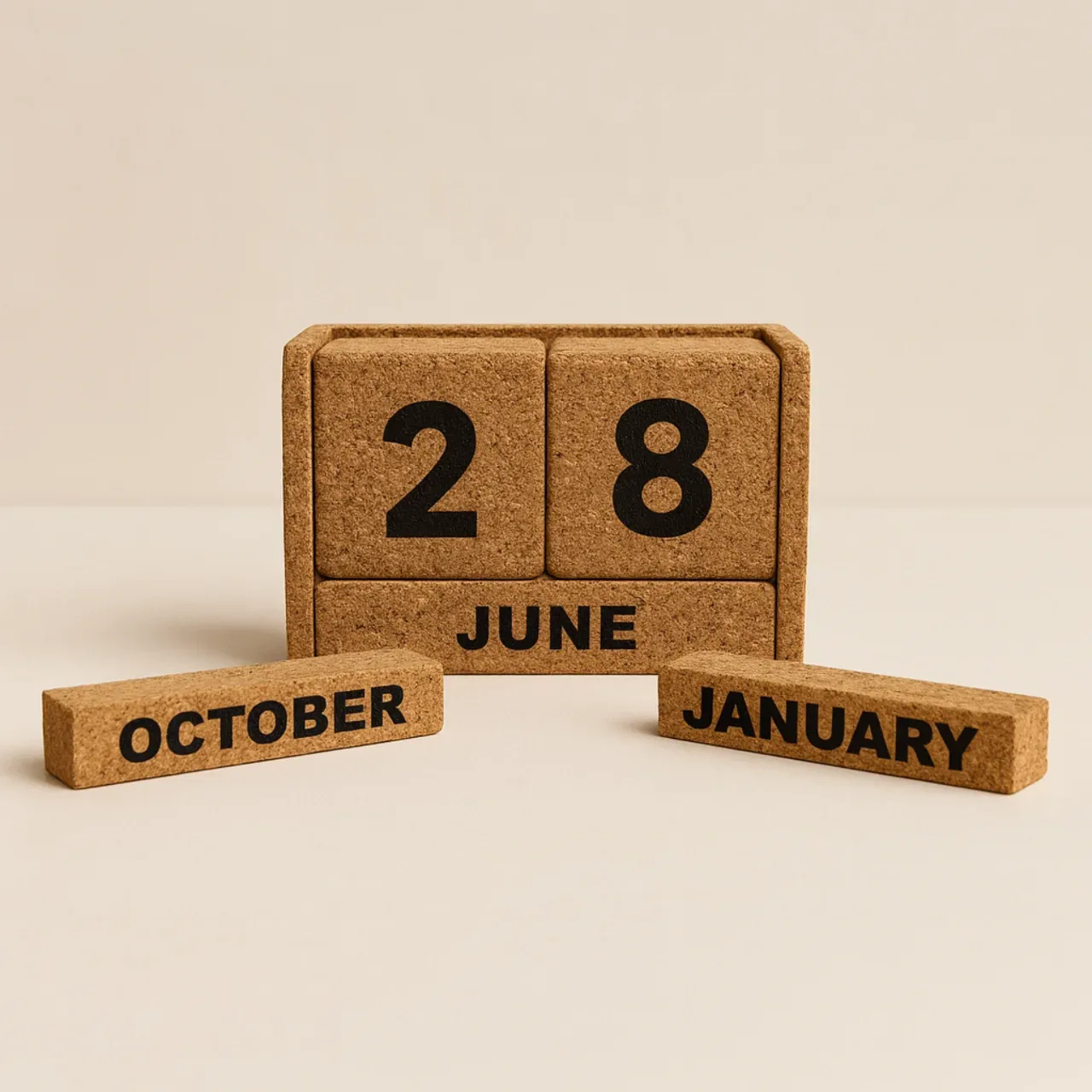 Standard cork block calendar showing two numbered date cubes and long month blocks