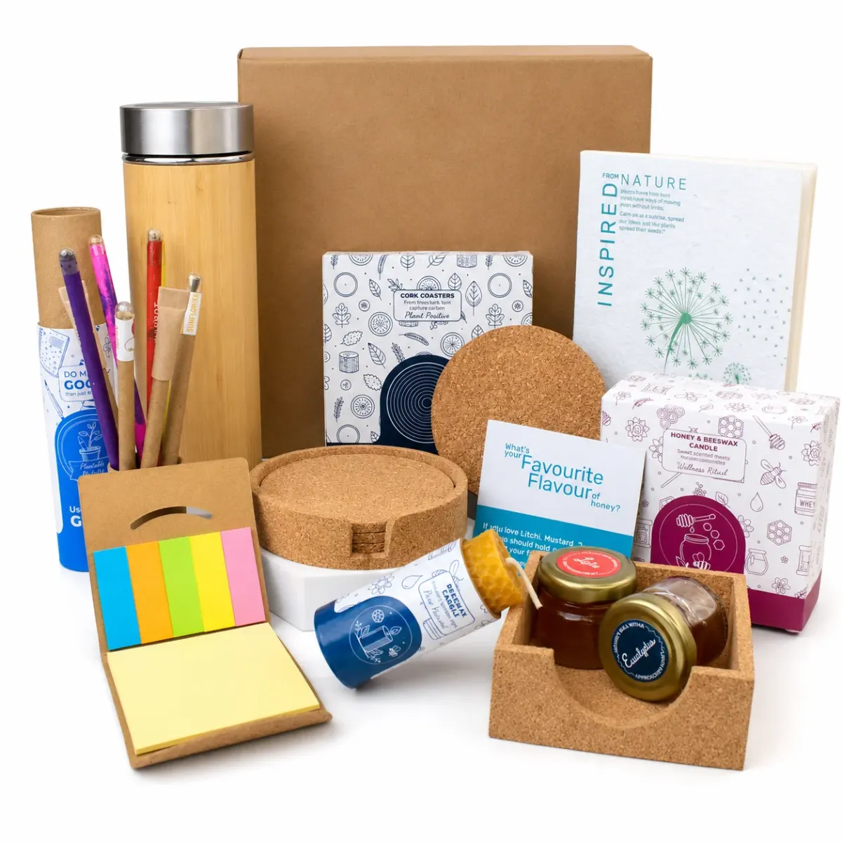 Bamboo Bottle, Cork Coasters and Honey Candle Festive Box