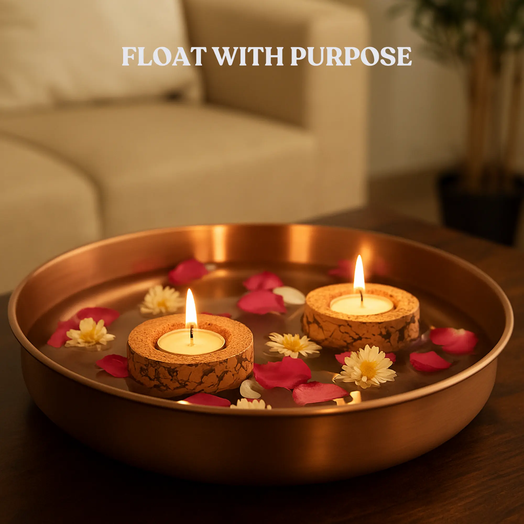 Floating Cork Diya, Set of 2, in a styled scene