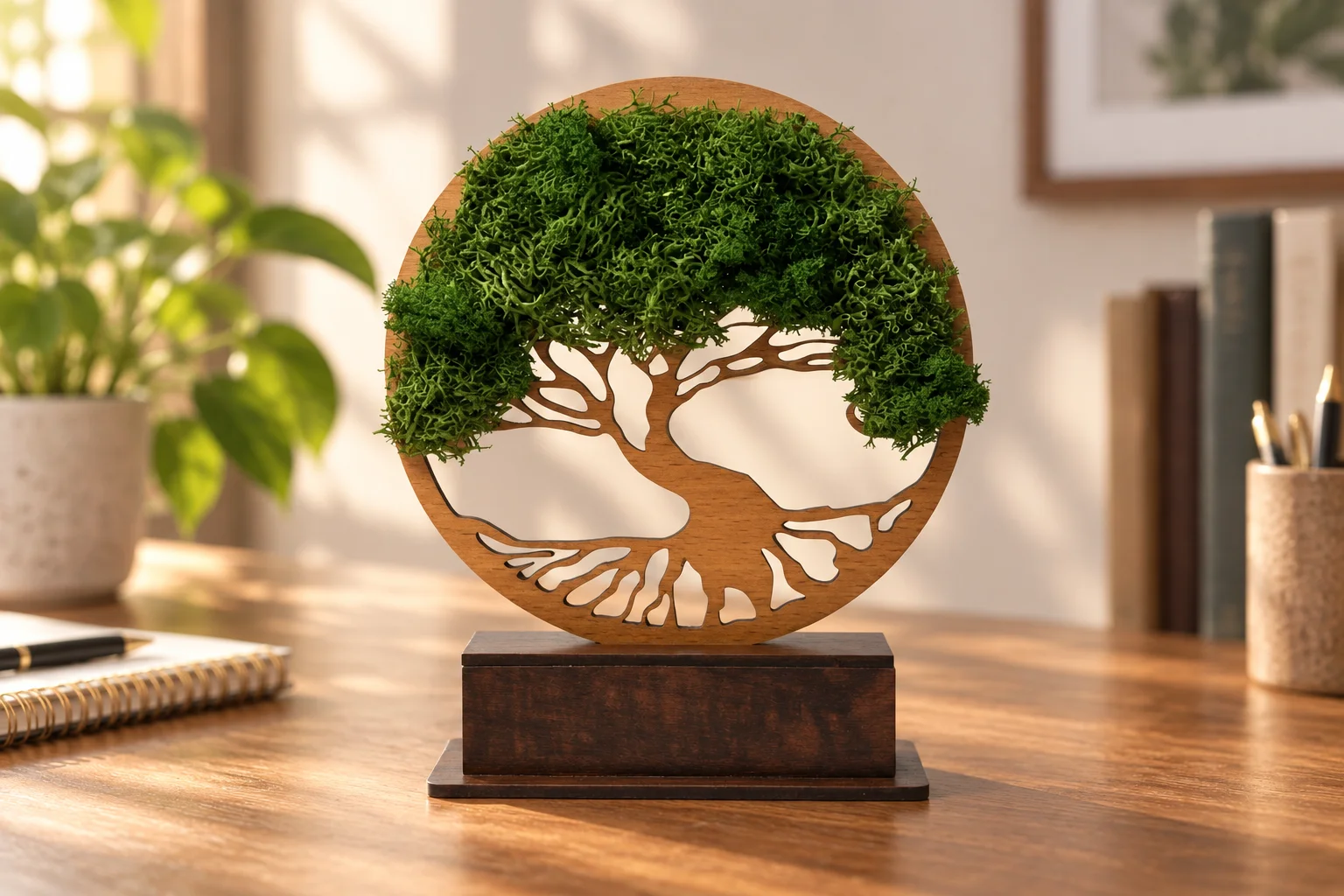 Compact six-inch Forest Tree Award on an office desk, with real preserved moss on a laser-cut tree above a blank base