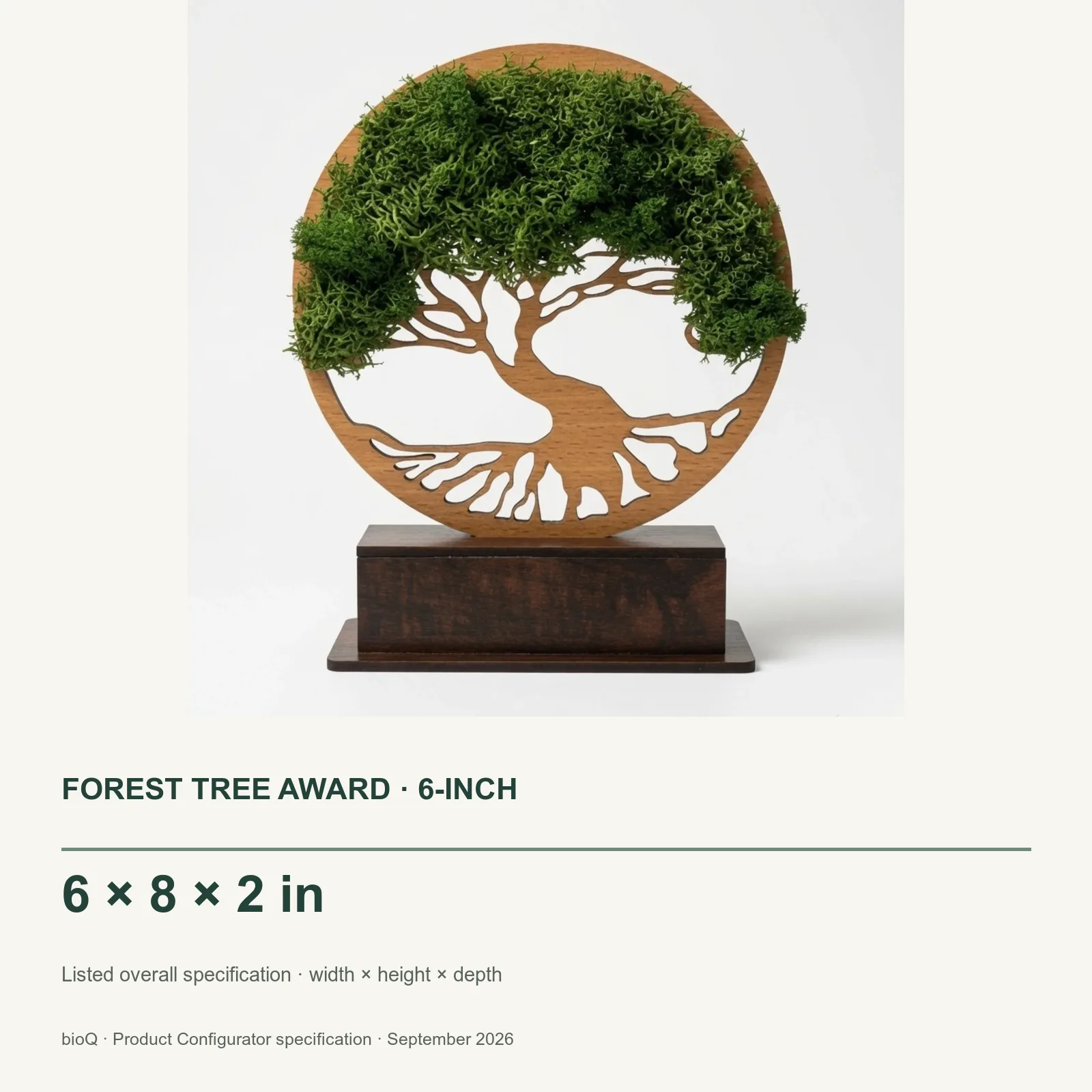 Forest Tree Award six-inch size card showing six by eight by two inches with exact-product photograph