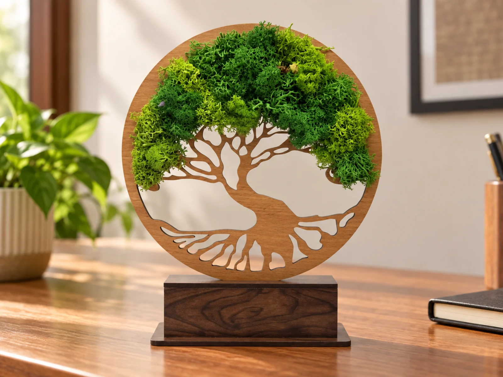 Circular Forest Tree Award with preserved moss canopy and a dark MDF base