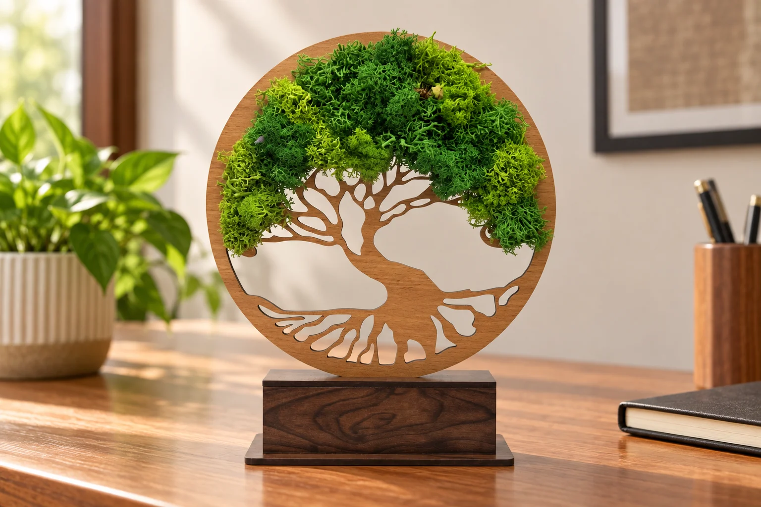Eight-inch Forest Tree Award with a preserved moss canopy on a leadership desk