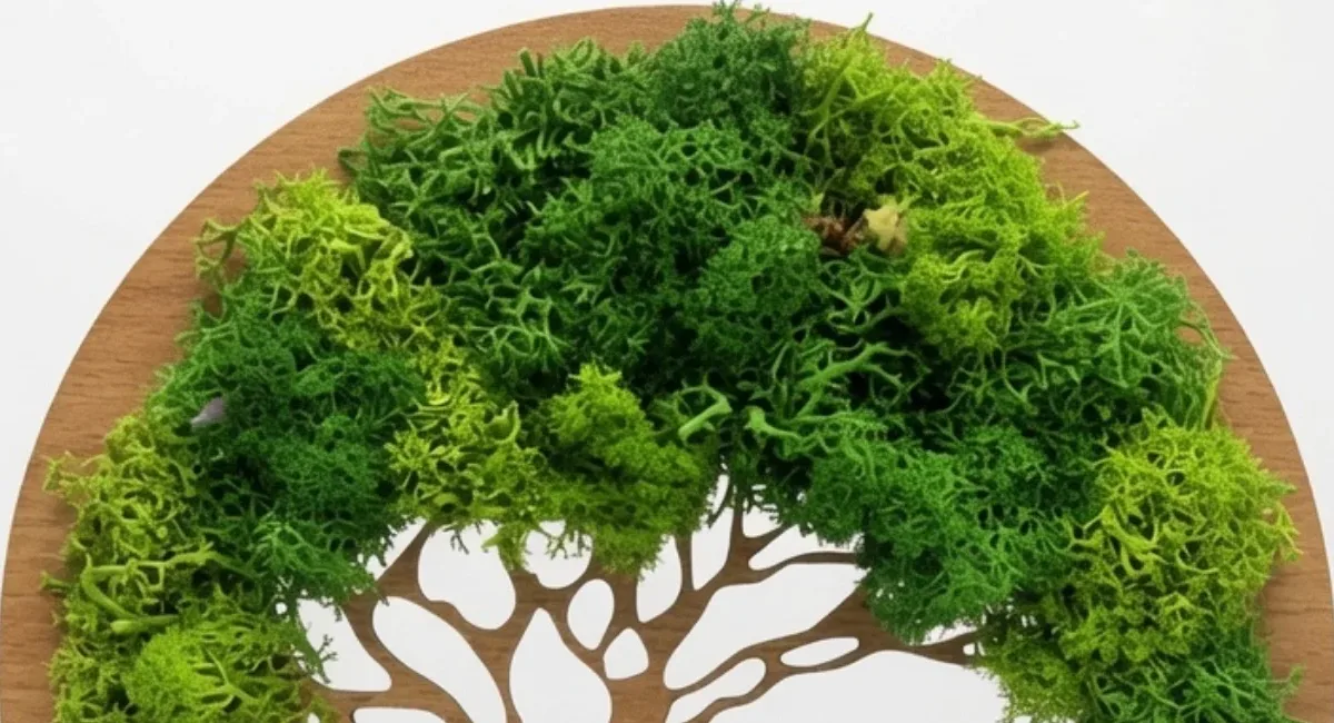 Close-up of real preserved reindeer moss across the Forest Tree Award canopy and its laser-cut MDF branches