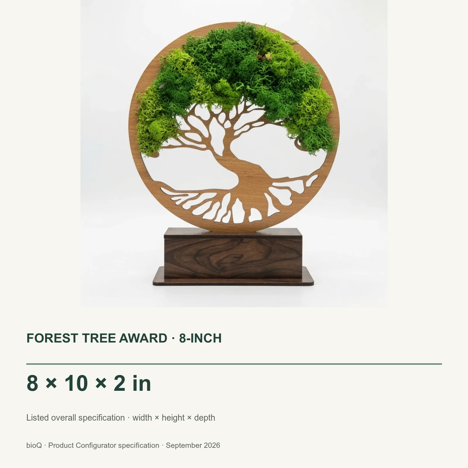 Forest Tree Award eight-inch size card showing eight by ten by two inches with exact-product photograph