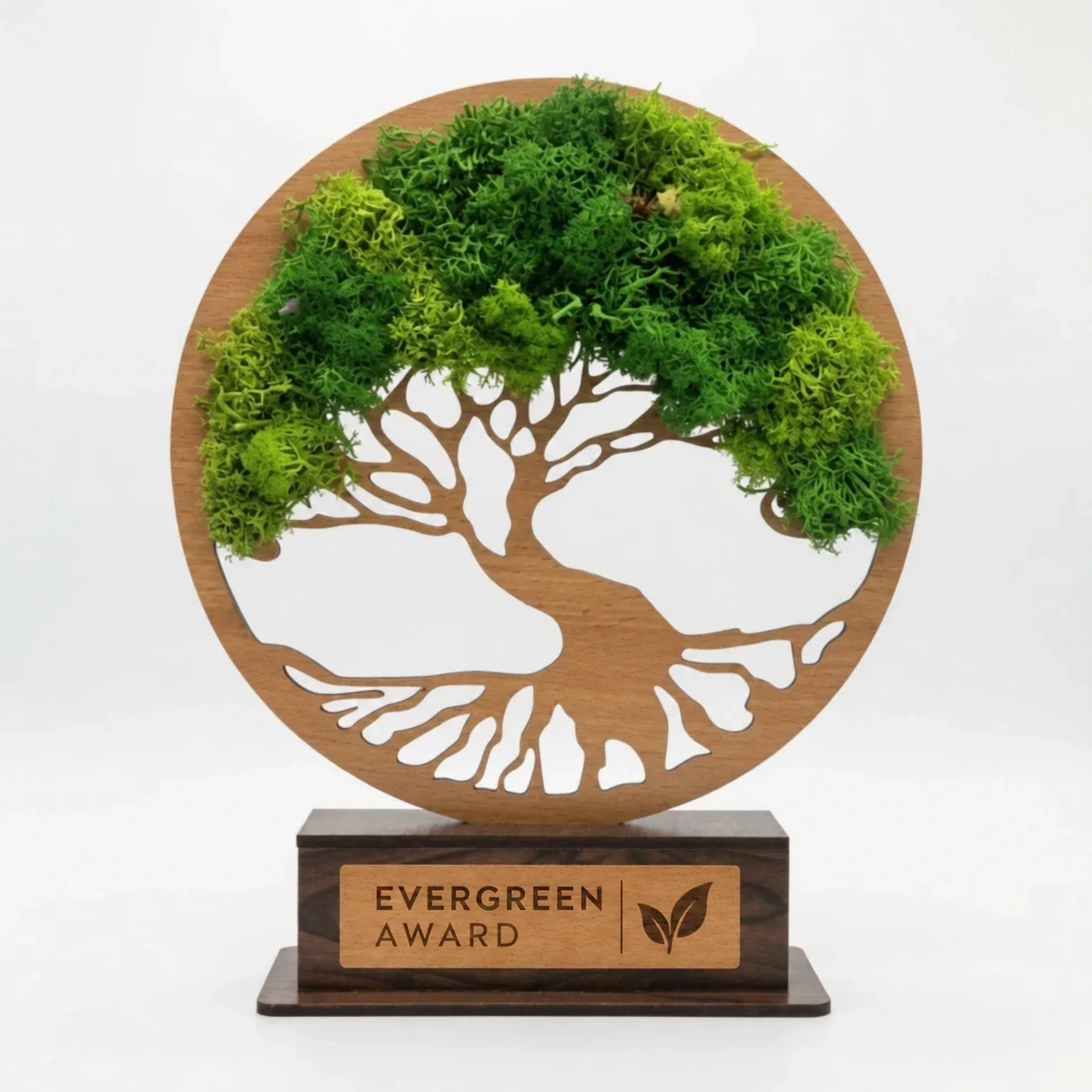 Eight-inch Forest Tree Award front view with a sample engraved-look plate on the dark MDF base