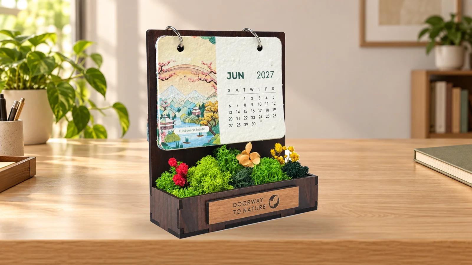 Forest Garden Desk Calendar with a June 2027 card above an open preserved moss garden