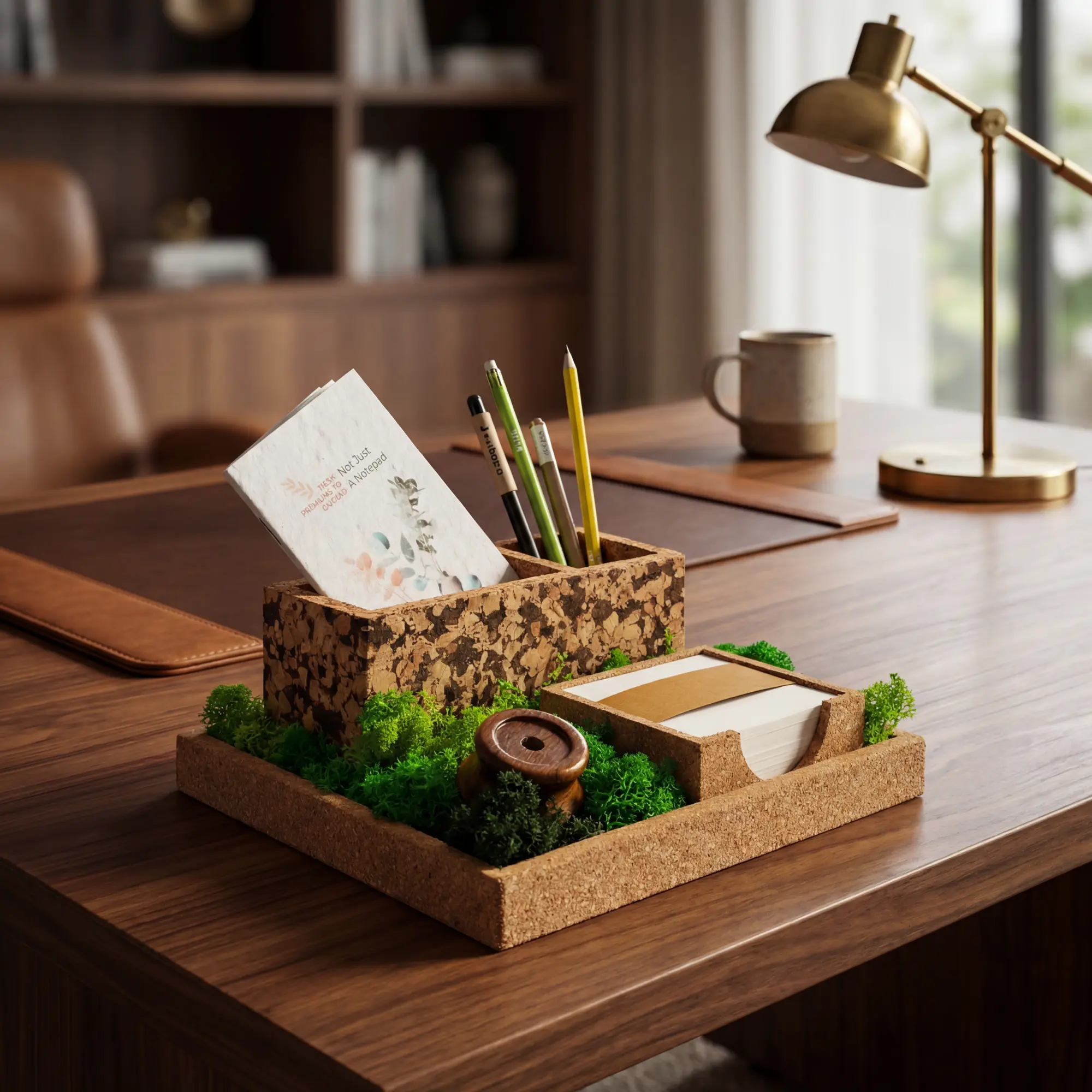 The Grove Executive cork tray on a wooden desk, with notes, pens and moss