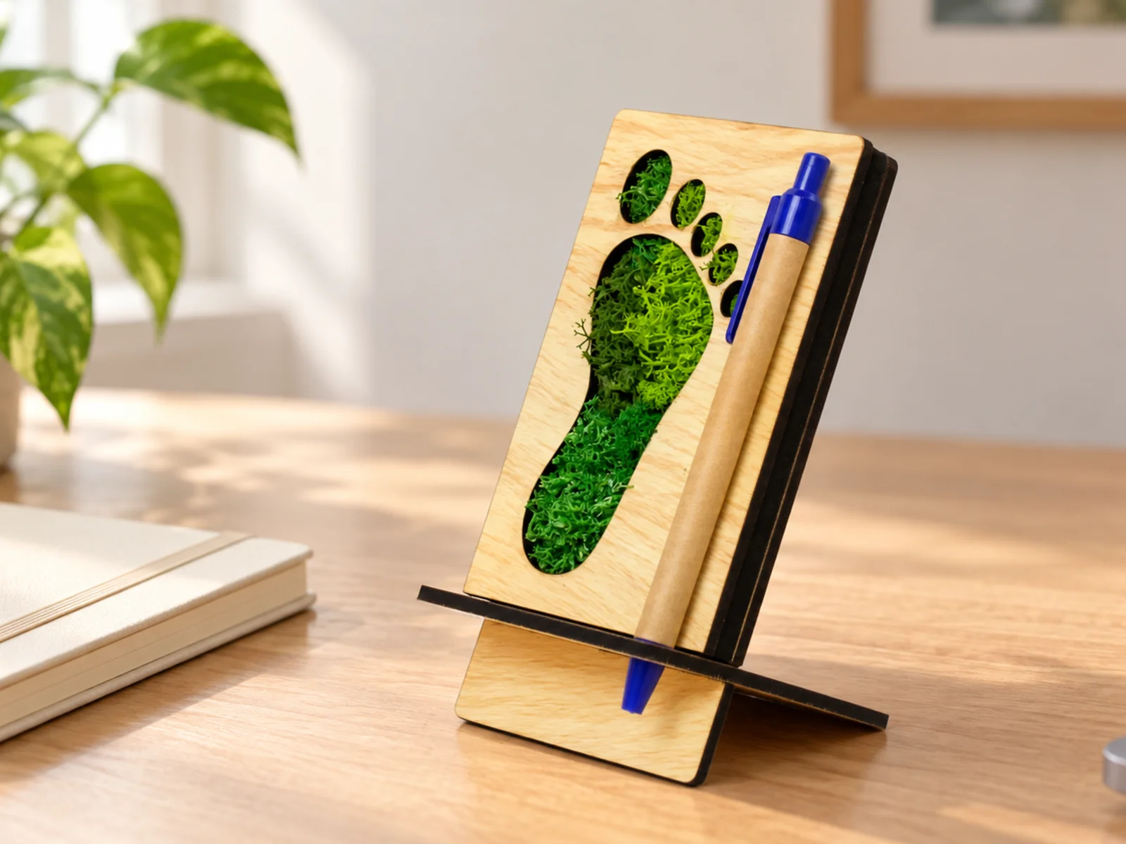Footprint Forest Pen Stand with preserved moss and a blue paper click pen