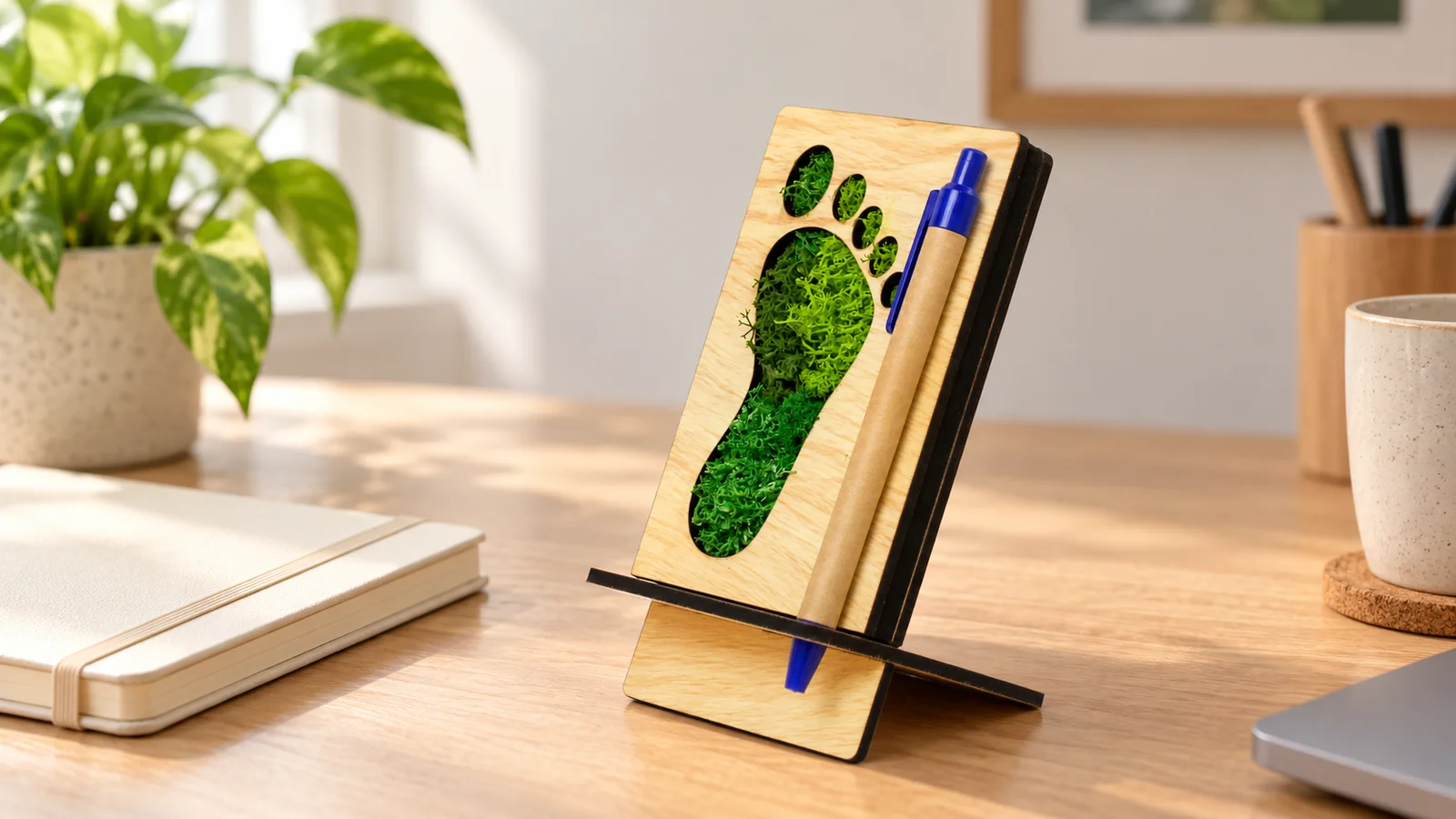 Footprint Forest Pen Stand with a paper click pen beside a notebook on an office desk