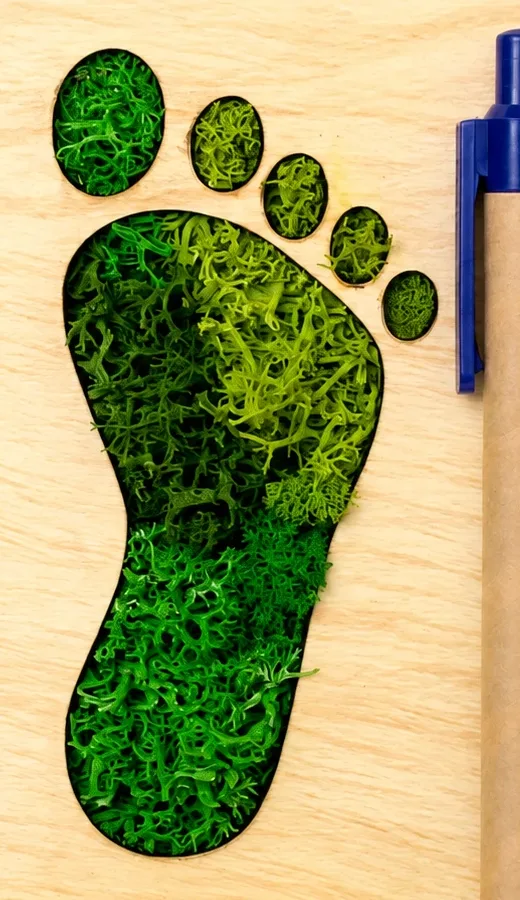 Close-up of five moss-filled toe cutouts and the footprint inlay on the MDF pen stand