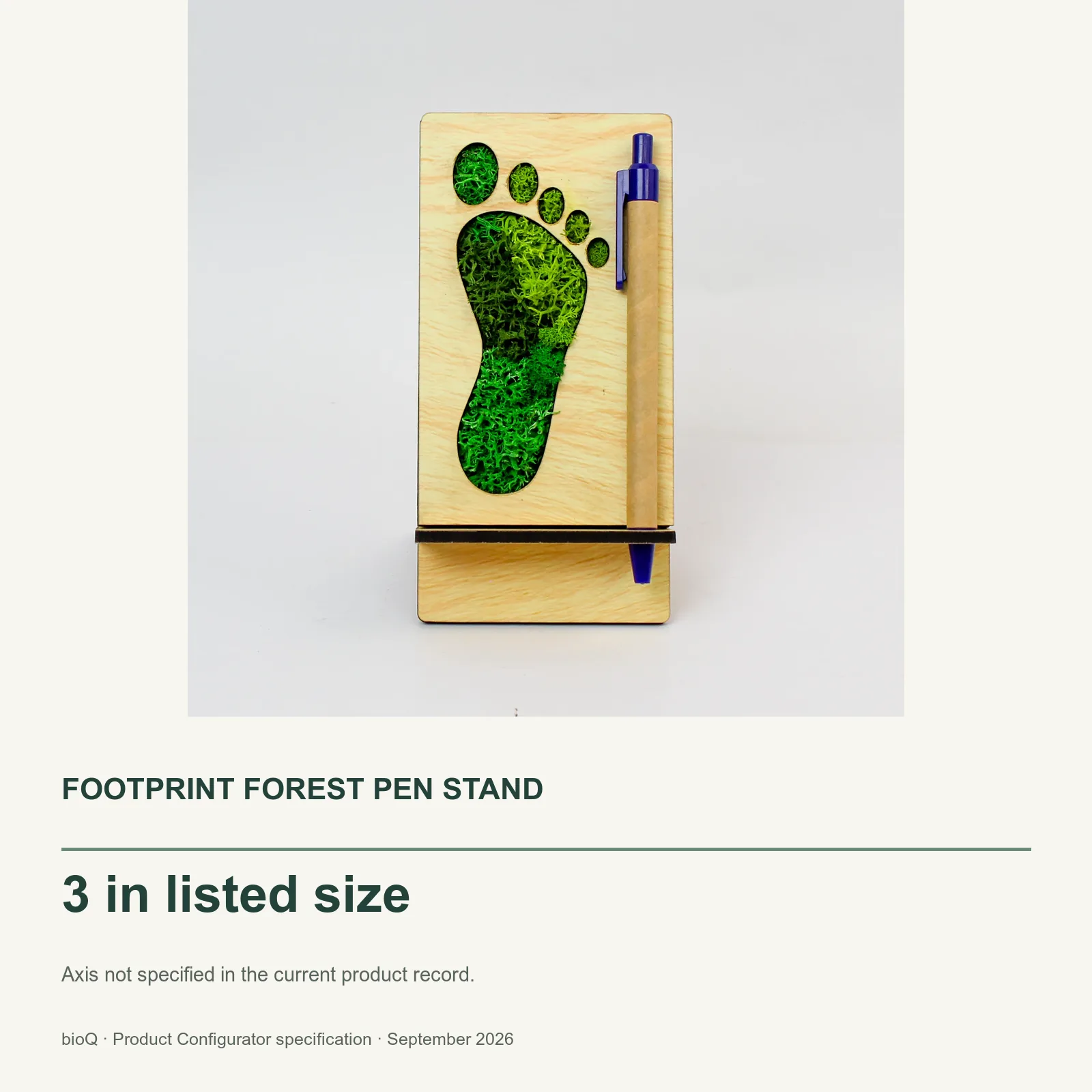 Footprint Forest Pen Stand size card with three-inch listed size beside the exact-product photograph