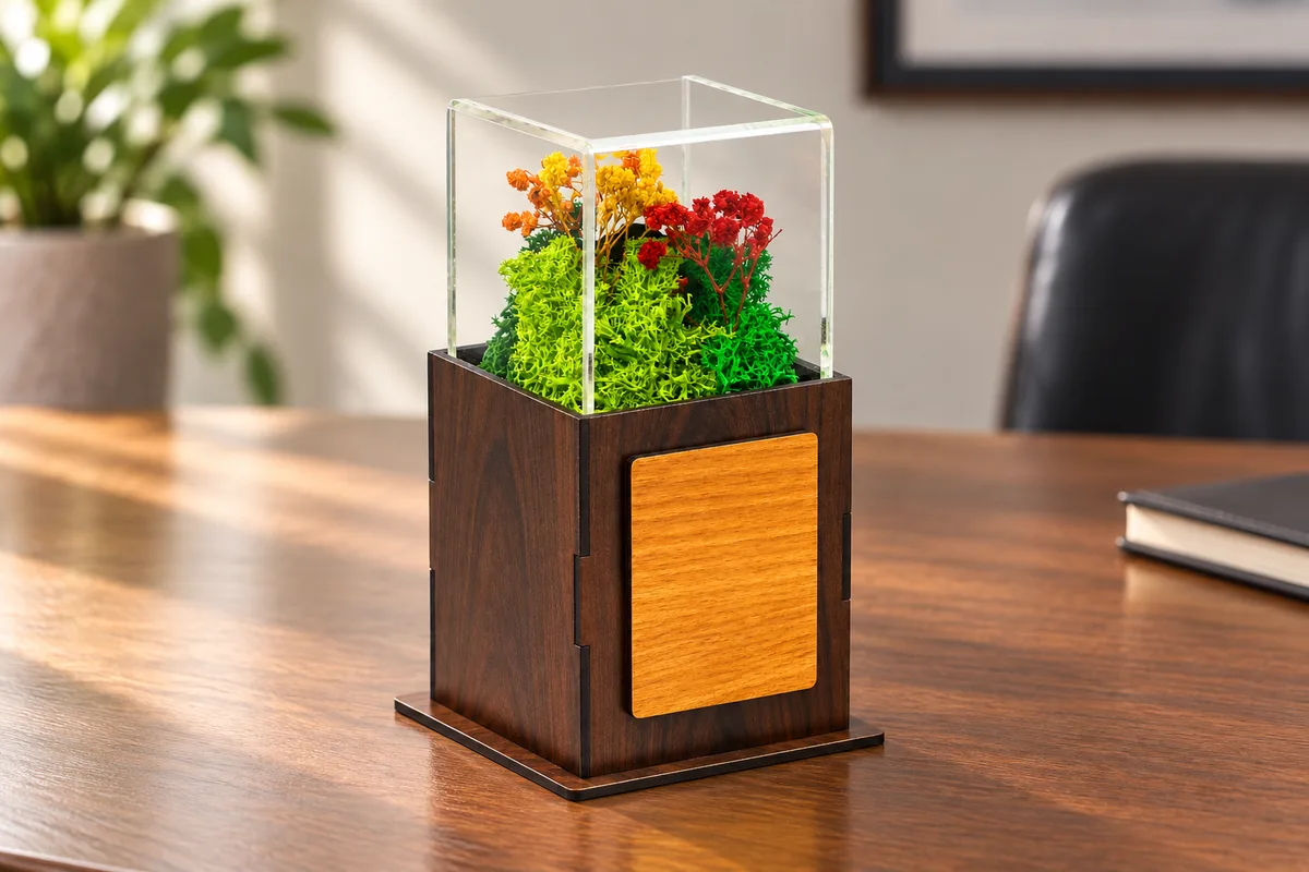Acrylic Forest Terra Award on an executive desk with preserved moss and flowers in a clear open-top chamber above a blank front plaque