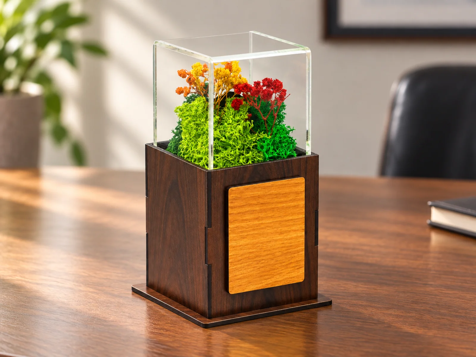 Acrylic Forest Terra Award with preserved moss and flowers above a blank front plaque