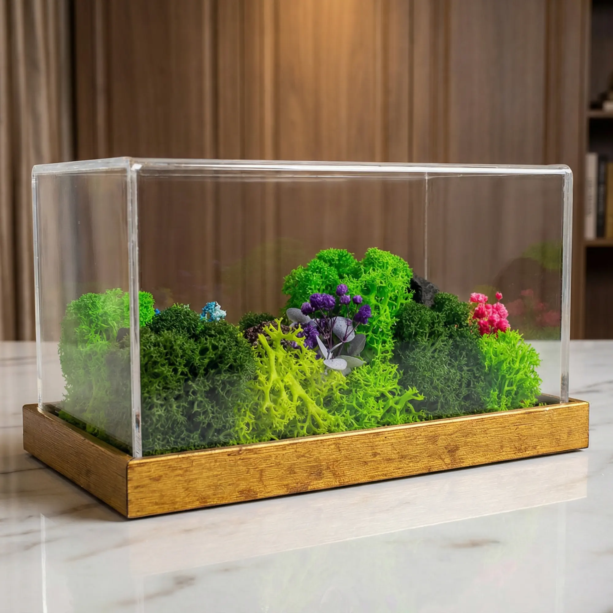 The 6 × 3-inch Forest Terrarium Landscape on a marble surface, a curtain behind