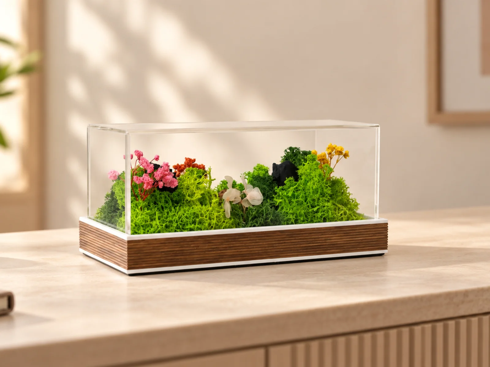 Wide preserved-moss terrarium under clear acrylic on an office sideboard