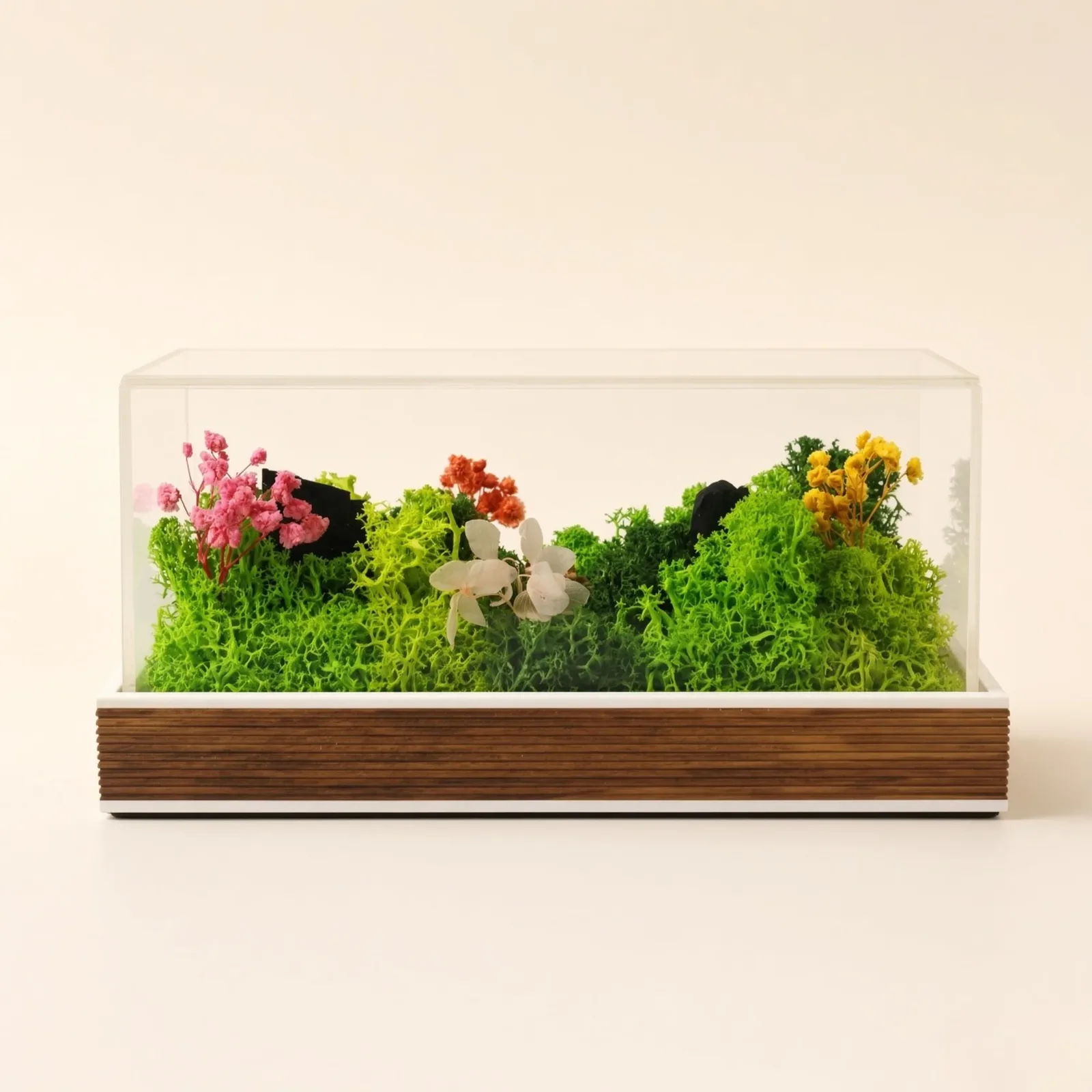Straight-on photograph of the Forest Terrarium Landscape behind clear acrylic on its ribbed brown base