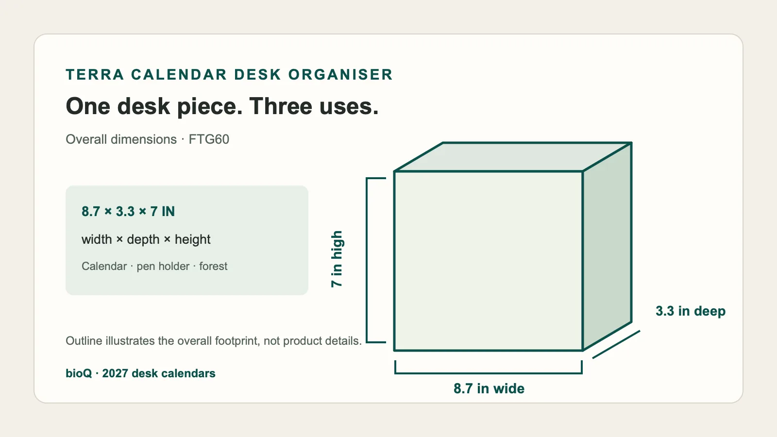 Terra Calendar Desk Organiser dimensions: 8.7 inches wide, 3.3 inches deep and 7 inches high