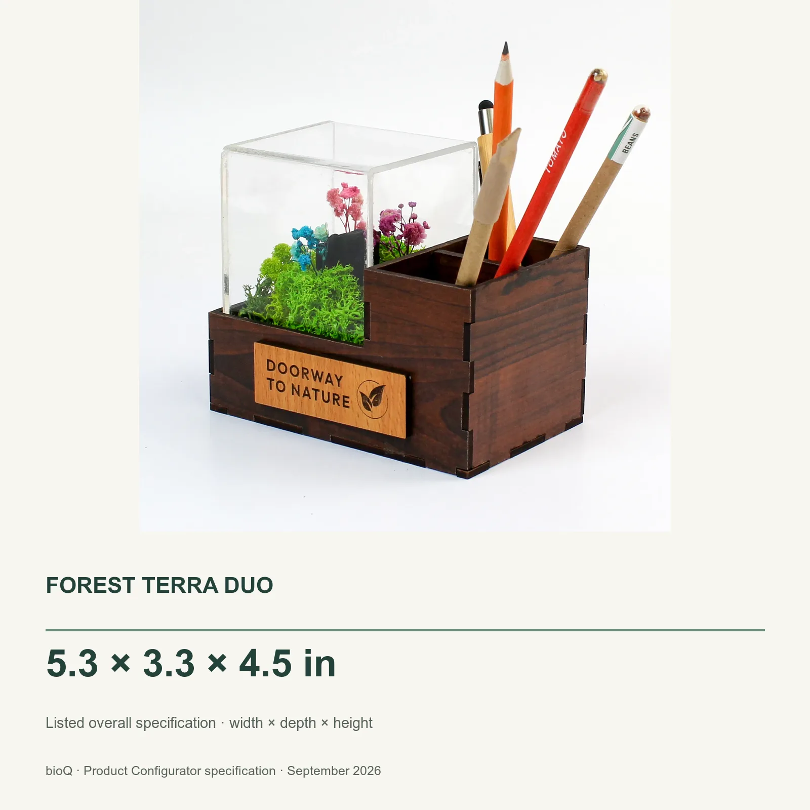 Forest Terra Duo size card showing 5.3 by 3.3 by 4.5 inches with product photograph