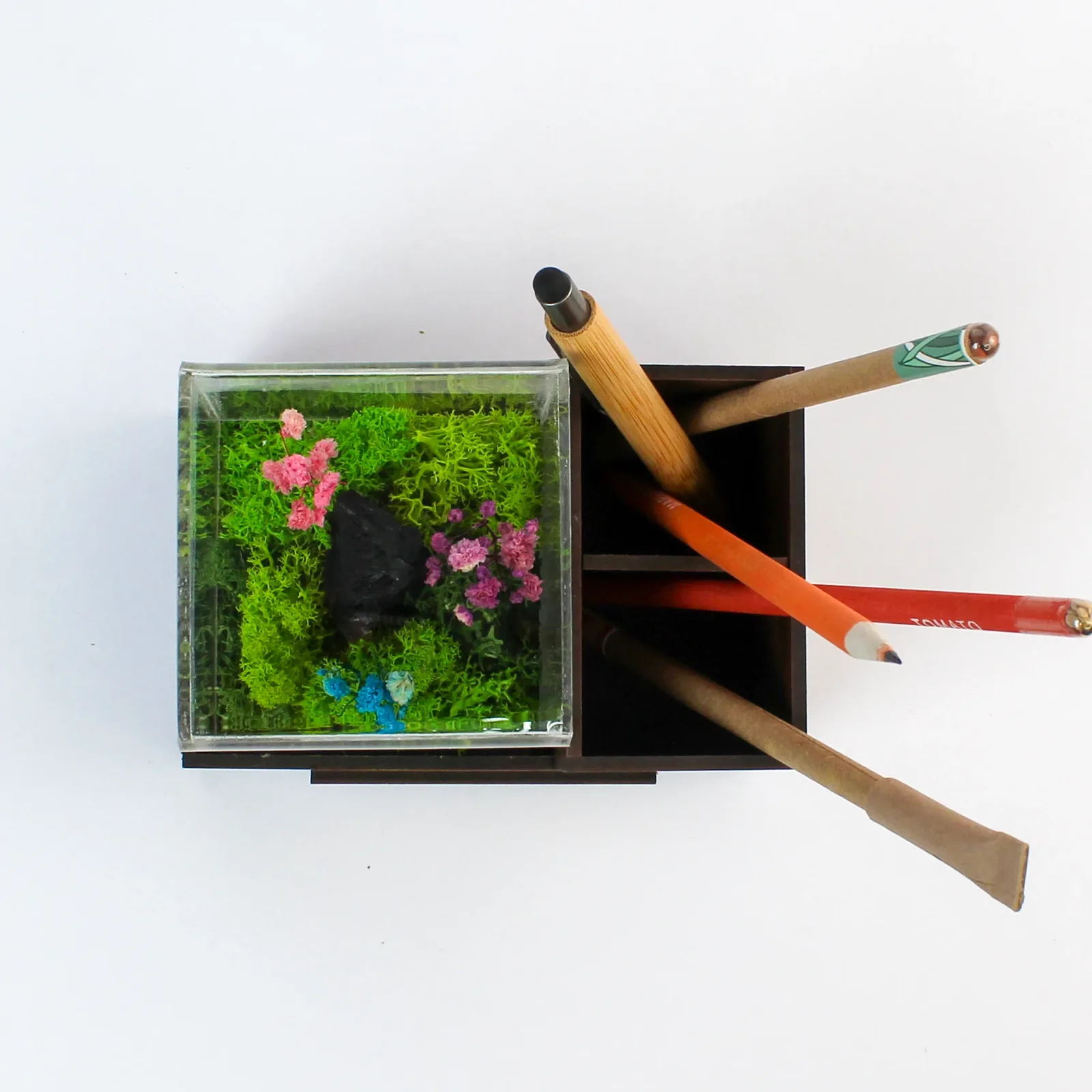 Overhead view of the compact Forest Terra Duo showing two pen sections separated by an MDF divider