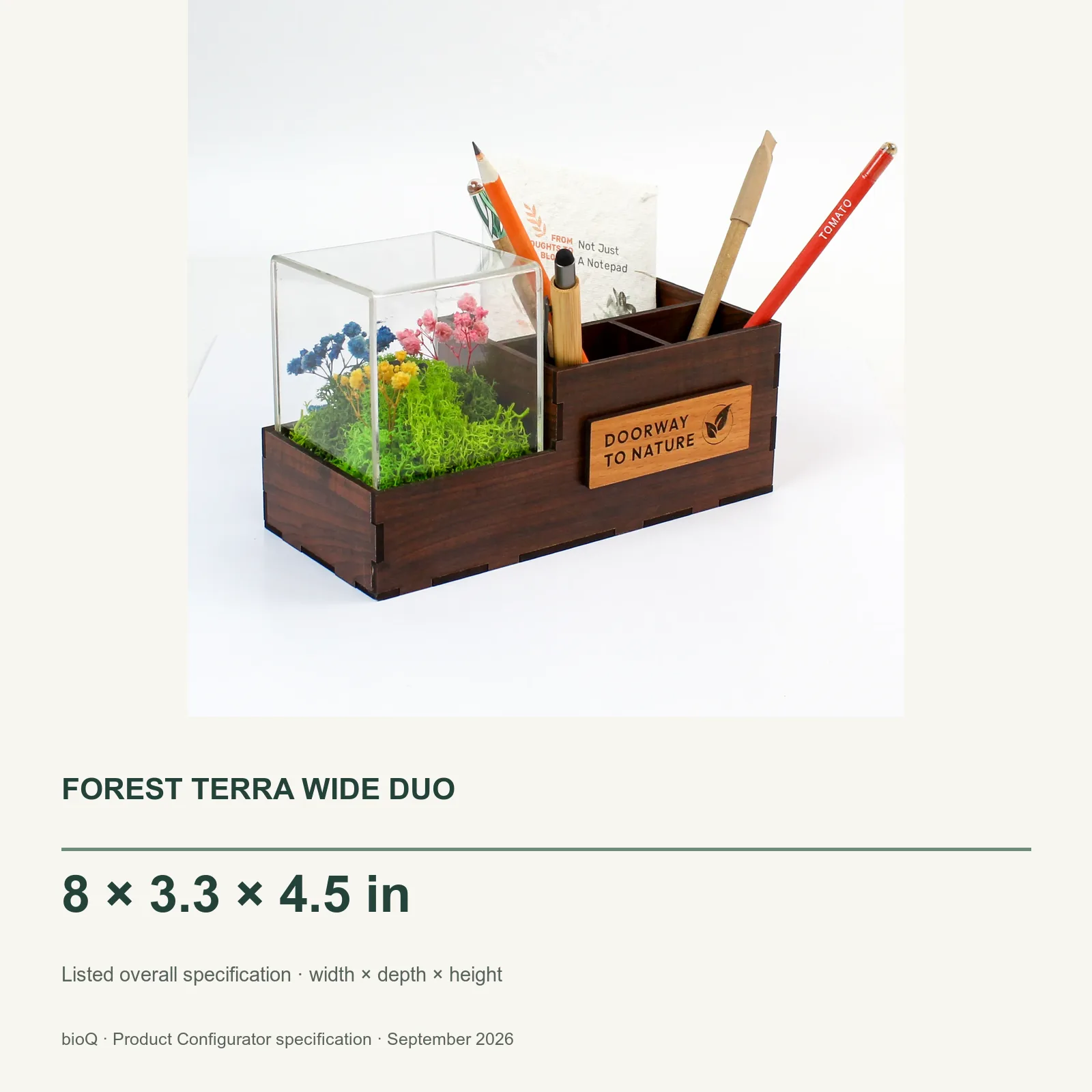 Forest Terra Wide Duo size card showing 8 by 3.3 by 4.5 inches with product photograph
