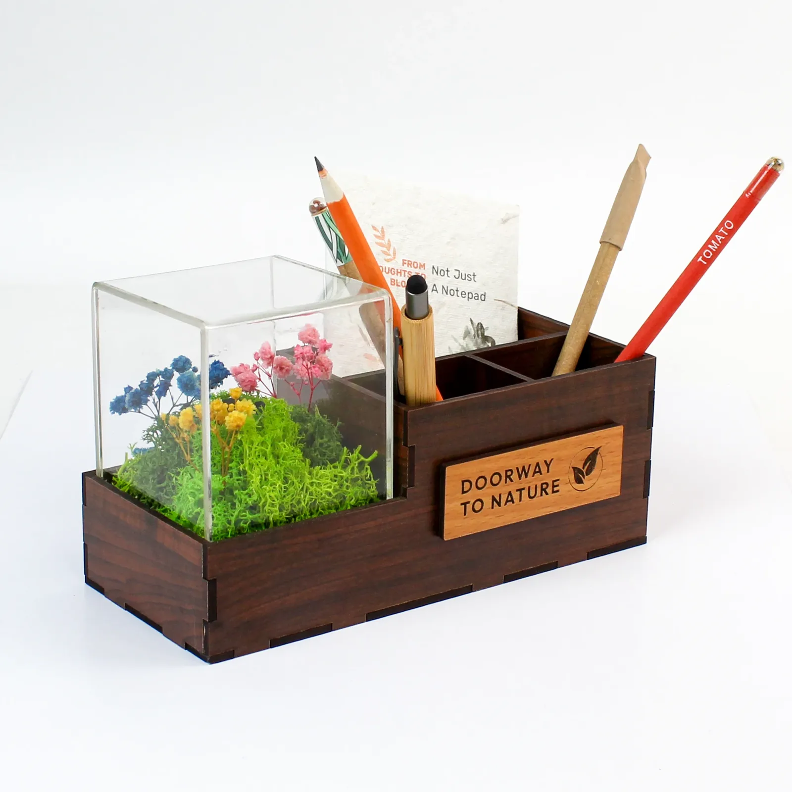 Wide Forest Terra Duo Pen Stand with dark MDF base, two pen sections and an acrylic moss display