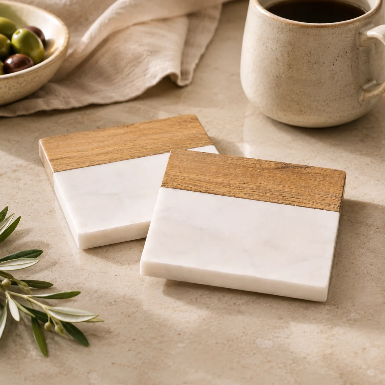 Marble and Wood Coaster Set of 2, Square, 4 in, in use
