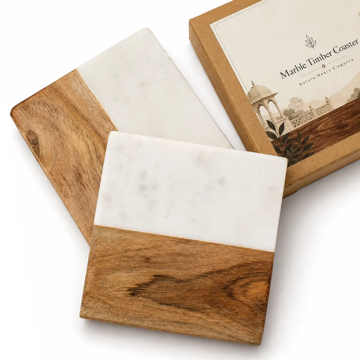 Marble and Wood Coaster Set of 2, Square, 4 in