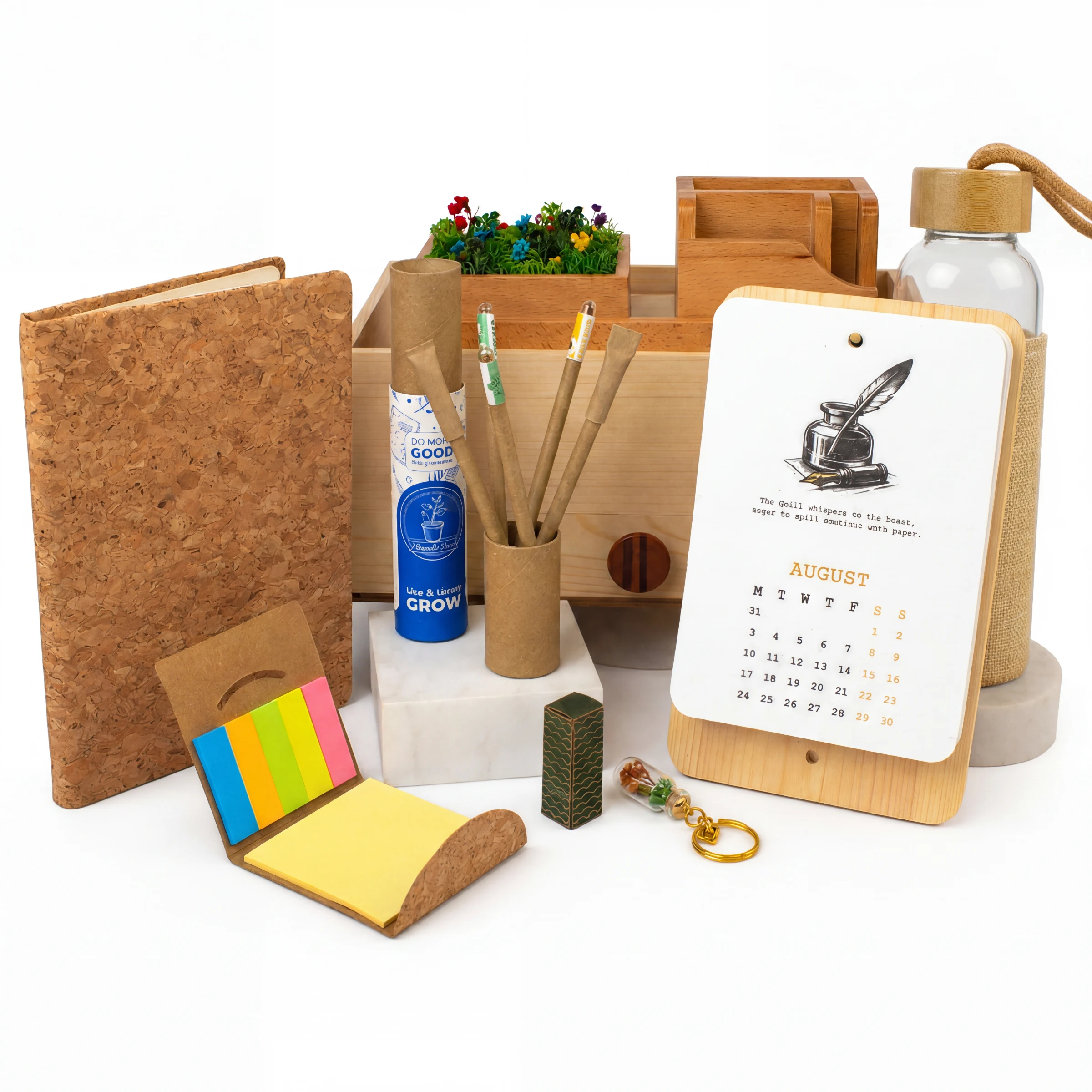 A desk gift kit in a wooden drawer box